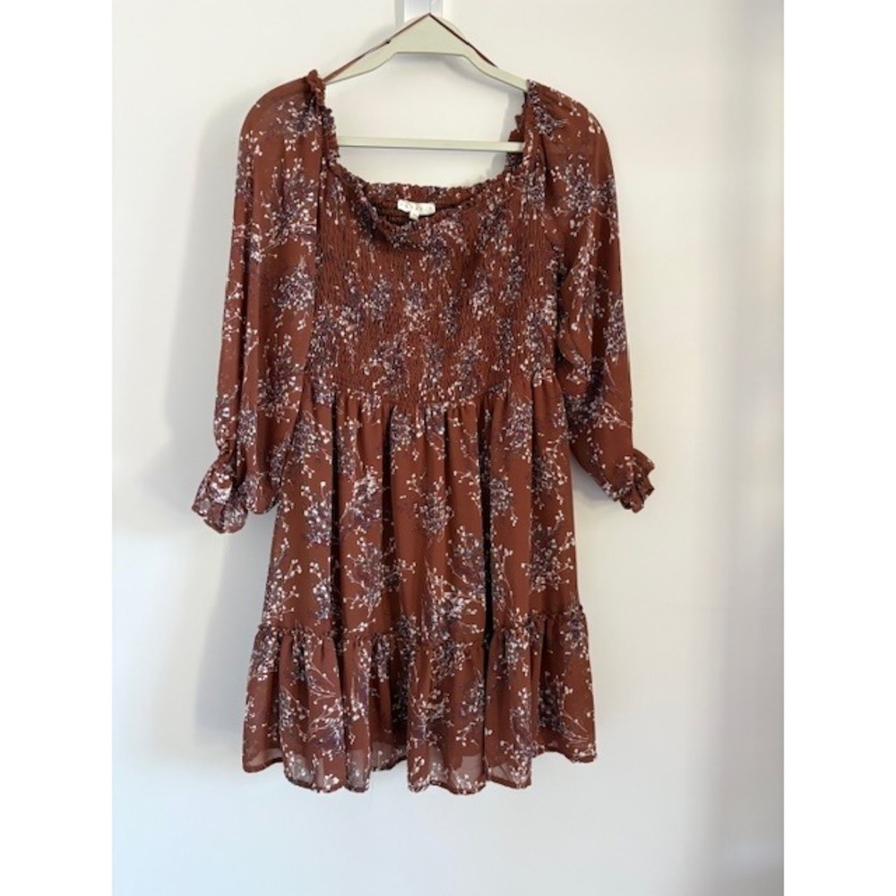 Promesa Rust Brown Floral Smocked Mini Dress‎ Long Sleeve Tiered Ruffle Womens M